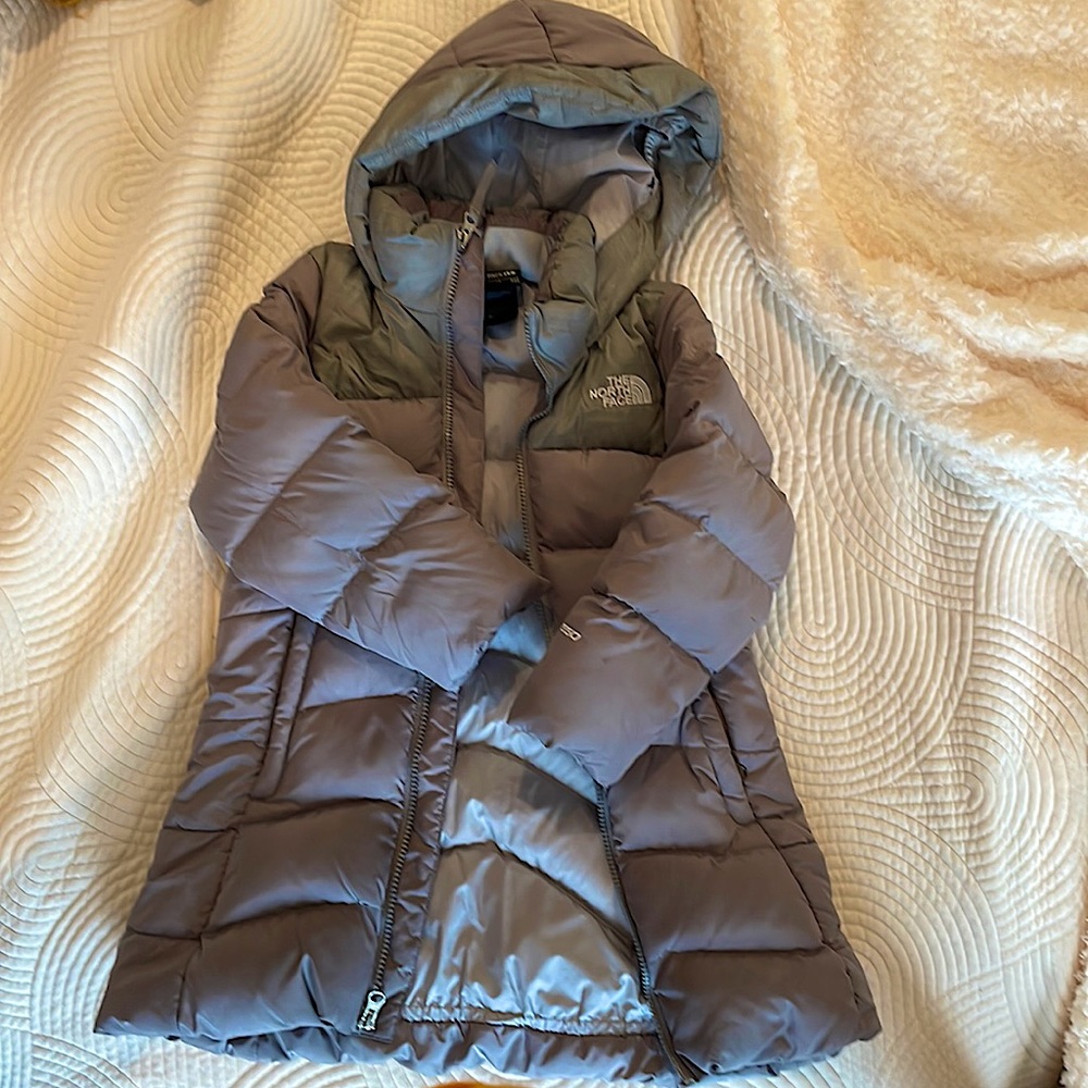 Gray full length North Face coat